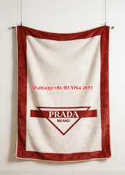 Prada Red And White Inverted Triangle Logo Printed Flannel Throw Blanket IMG_2753